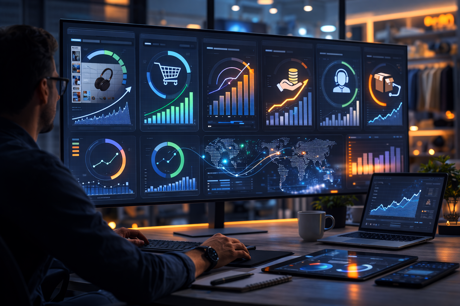 AI-powered e-commerce growth stack dashboard showing conversion, retention, and operations metrics
