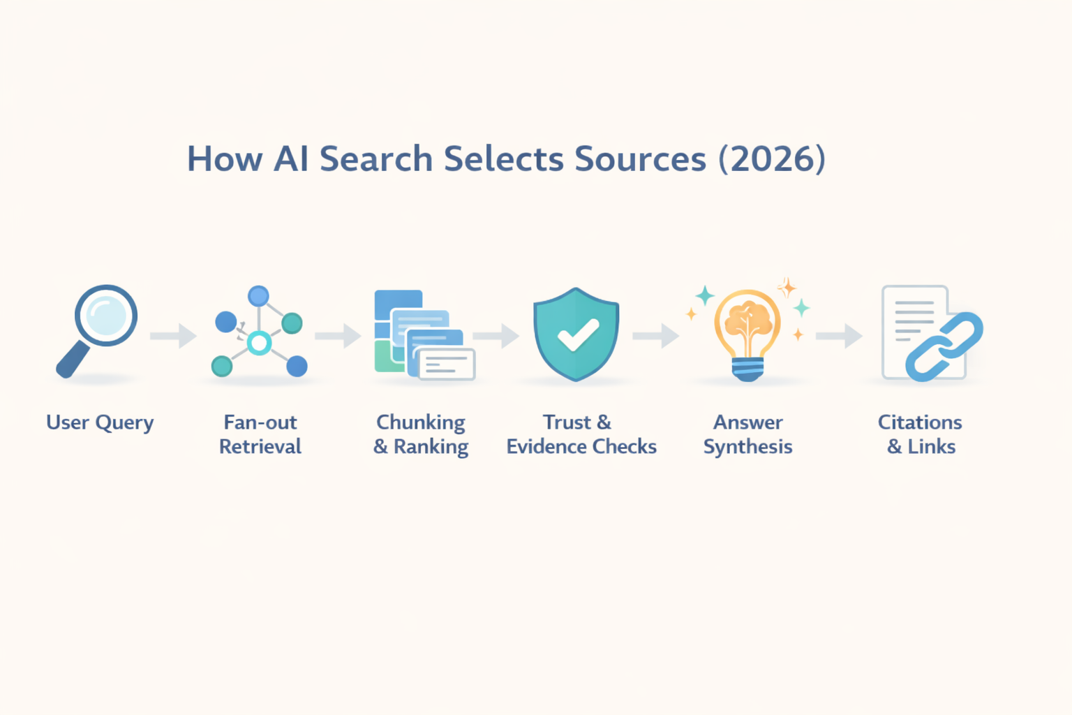 How AI Search Selects Sources (2026) - User Query, Fan-out Retrieval, Chunking & Ranking, Trust & Evidence Checks, Answer Synthesis, Citations & Links