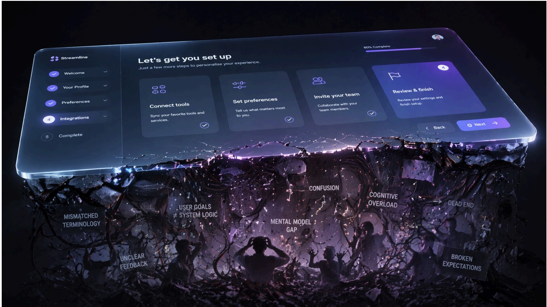 Dashboard interface showing onboarding setup steps above an underground visualization of UX failure modes including mismatched terminology, mental model gap, cognitive overload, and broken expectations