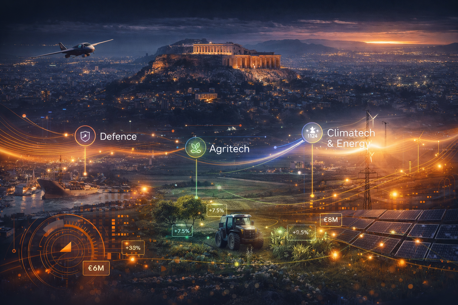 Defence Technology, Agritech, and Climatech & Energy sectors in the Athens tech ecosystem with the Acropolis in the background