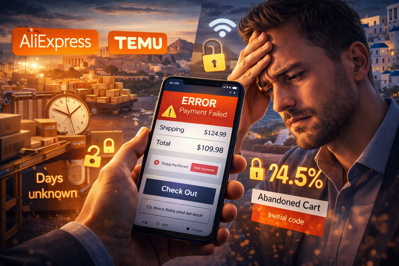 Infographic για την εγκατάλειψη καλαθιού στο ελληνικό e-commerce που δείχνει τον ανταγωνισμό από AliExpress και Temu, τις αποτυχίες πληρωμών και τα ποσοστά εγκατάλειψης καλαθιού