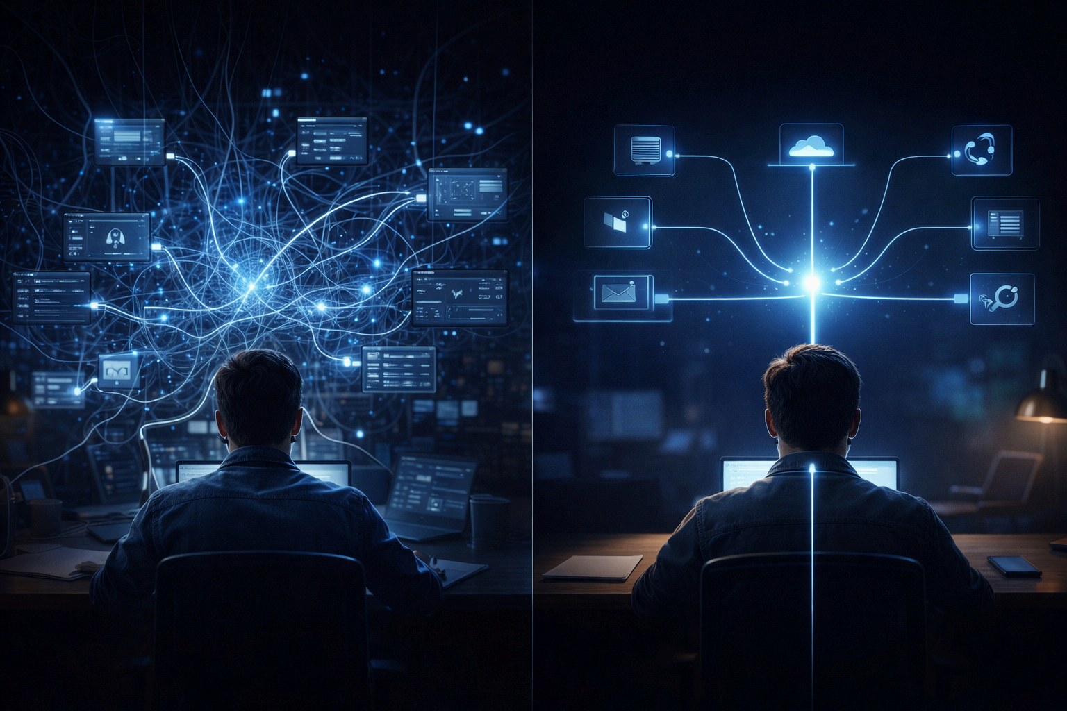 Αρχιτεκτονική ενσωμάτωσης MCP για Startups που δείχνει πώς ένας ενιαίος MCP client συνδέεται με πολλαπλά εταιρικά συστήματα