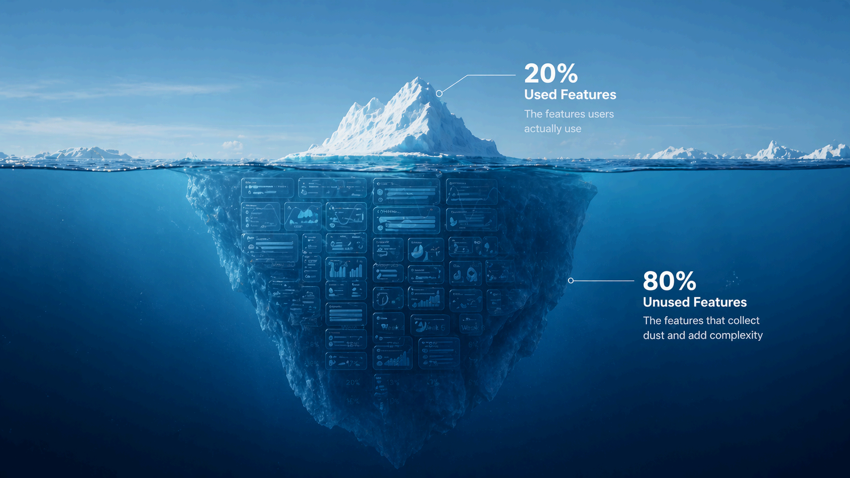 Iceberg diagram showing 20% Used Features above water and 80% Unused Features below water