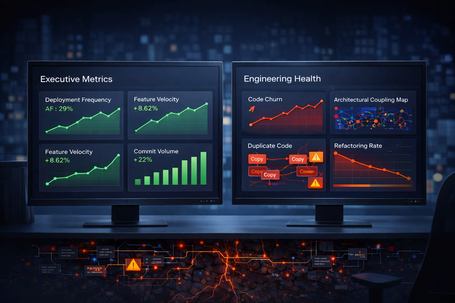 Executive Metrics vs Engineering Health dashboard showing deployment frequency, feature velocity, code churn, architectural coupling, duplicate code, and refactoring rate